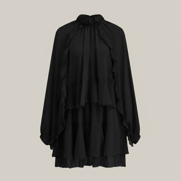 Commense Dresses & Skirts - Commense Black Chiffon Ruffle Mini Dress Long Sleeve Cape Overlay – Size L